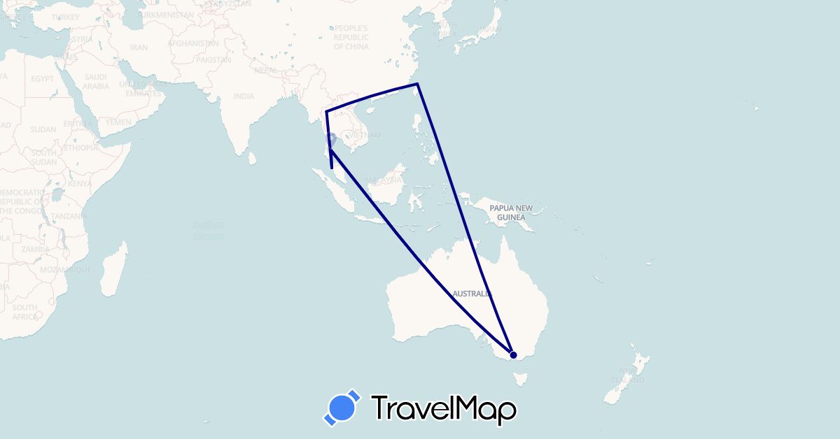 TravelMap itinerary: driving in Australia, Malaysia, Thailand, Taiwan (Asia, Oceania)